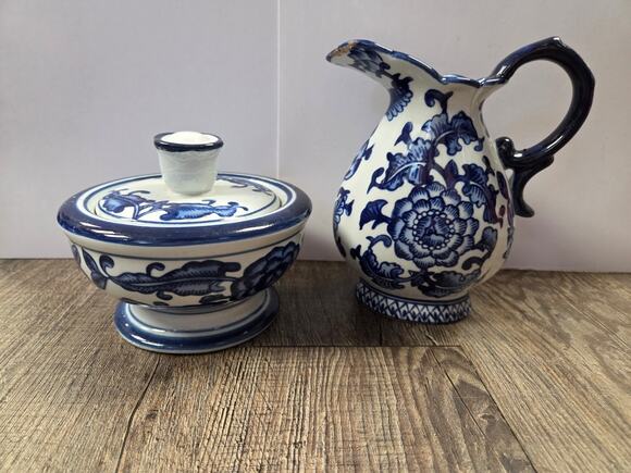 Bombay Other - Vintage Bombay Company 6" Blue White Pitcher Ceramic Pottery + Bowl w/ Lid Set